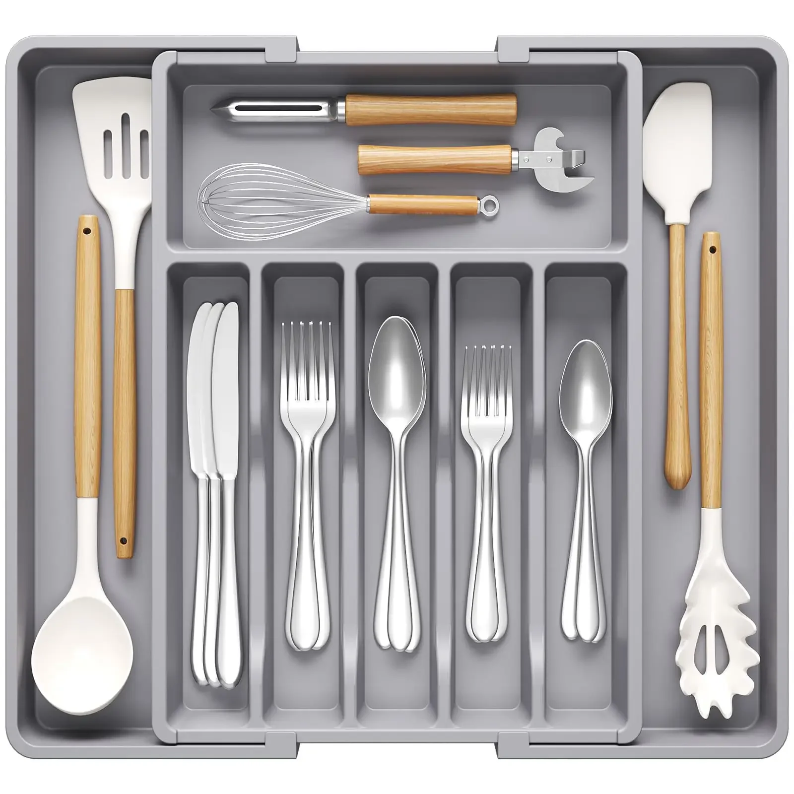 2026 Expandable Utensil Tray for Kitchen BPA Free Flatware and Cutlery Holder Adjustable Plastic Storage for Spoons Forks Knives