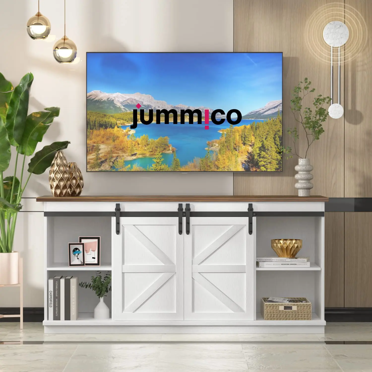 65 Inch TV Stand,Farmhouse Entertainment Center,Sliding Barn Doors & Storage Cabinets,Bright White,Living Room, Custom