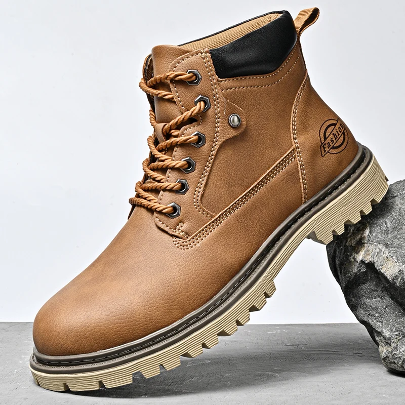 

2025 New Men's Big Yellow Boots Durable Anti - Skid Sole High - Top Chunky Sole Winter Fleece Lined British Work Boots Motorcycl