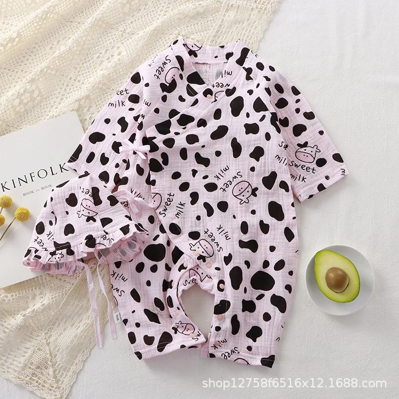 ---Baby onesie long-sleeved cotton double-layer yarn printing baby breathable Romper children's summer pajamas free sun hat