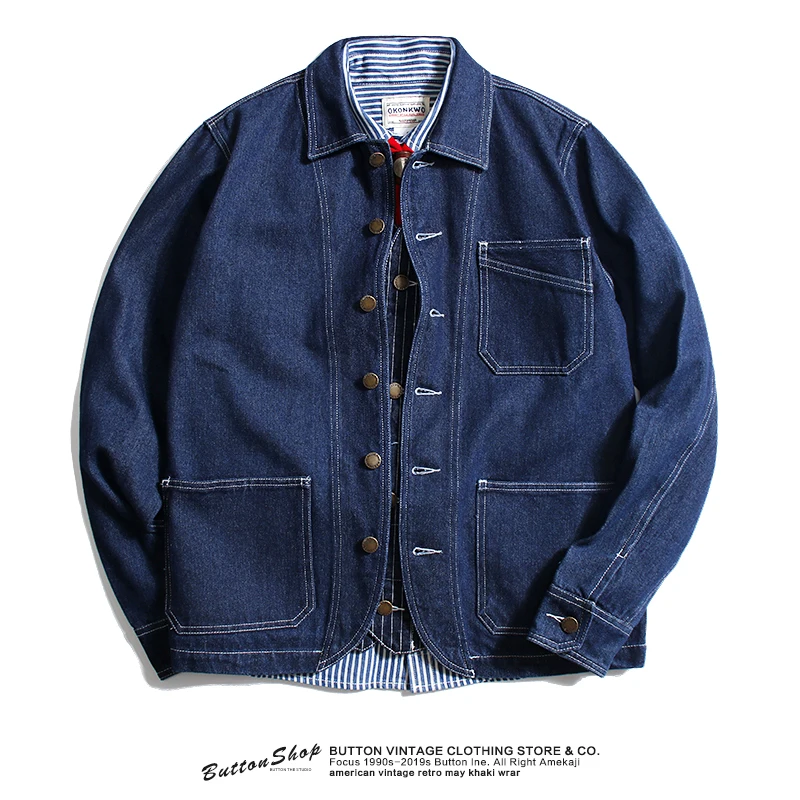 Heavyweight Slim Fit Jackets for Men Spring Autumn Vintage American 100% Cotton Striped Original Denim Motor Coats AMEKAJI Wear