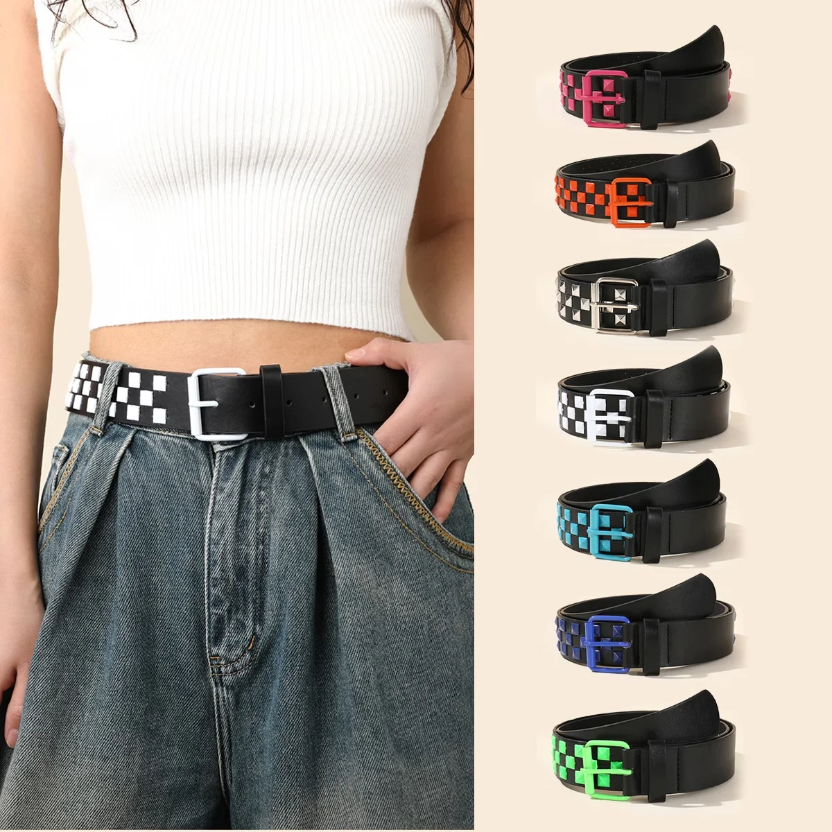 women Fashion Belt Color Pyramid Fashion Punk Belts Personalized Versatile Jeans Belt for Women