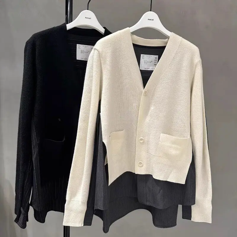 

SAC Spring Japanese minimalist style contrasting color splicing V-neck knitted cardigan casual sweater jacket