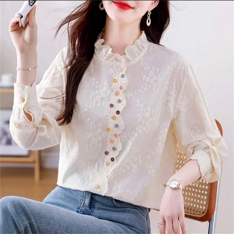 

Cute Blouses Female Shirts Embroidery Floral Shirts Loose Long Sleeve Cotton Tops Blusas Pleated Stand Collar Ladies Shirts
