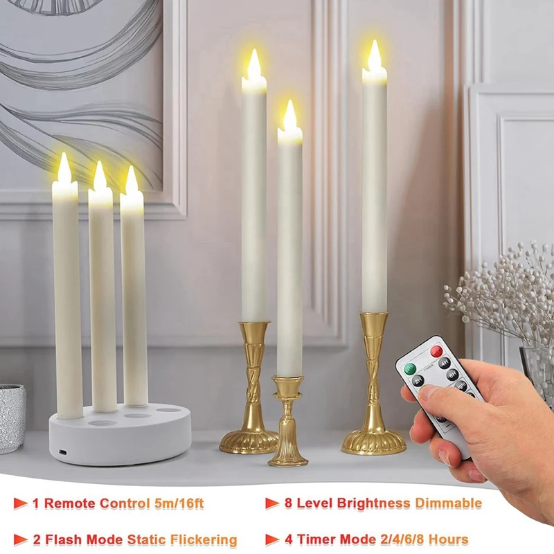 Rechargeable Flameless Taper Candles 6 Pcs LED Taper Flickering Candles with Charging Station and Remote Timer Retail