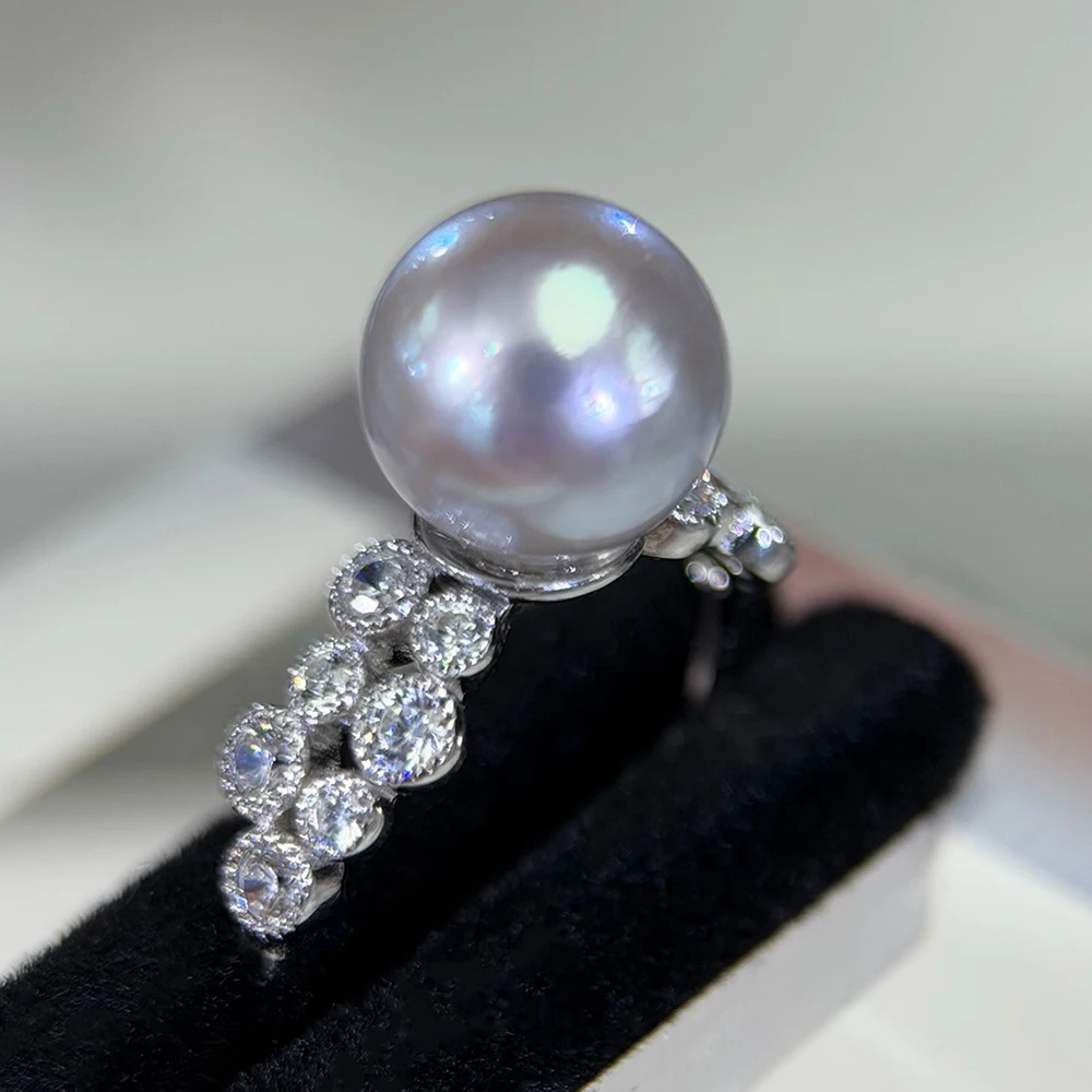 Dainty and Refined Design 8-9mm Aurora Seawater Akoya Pearl Ring Jewelry with Finely Crafted Adjustable 925 Sterling Silver Band