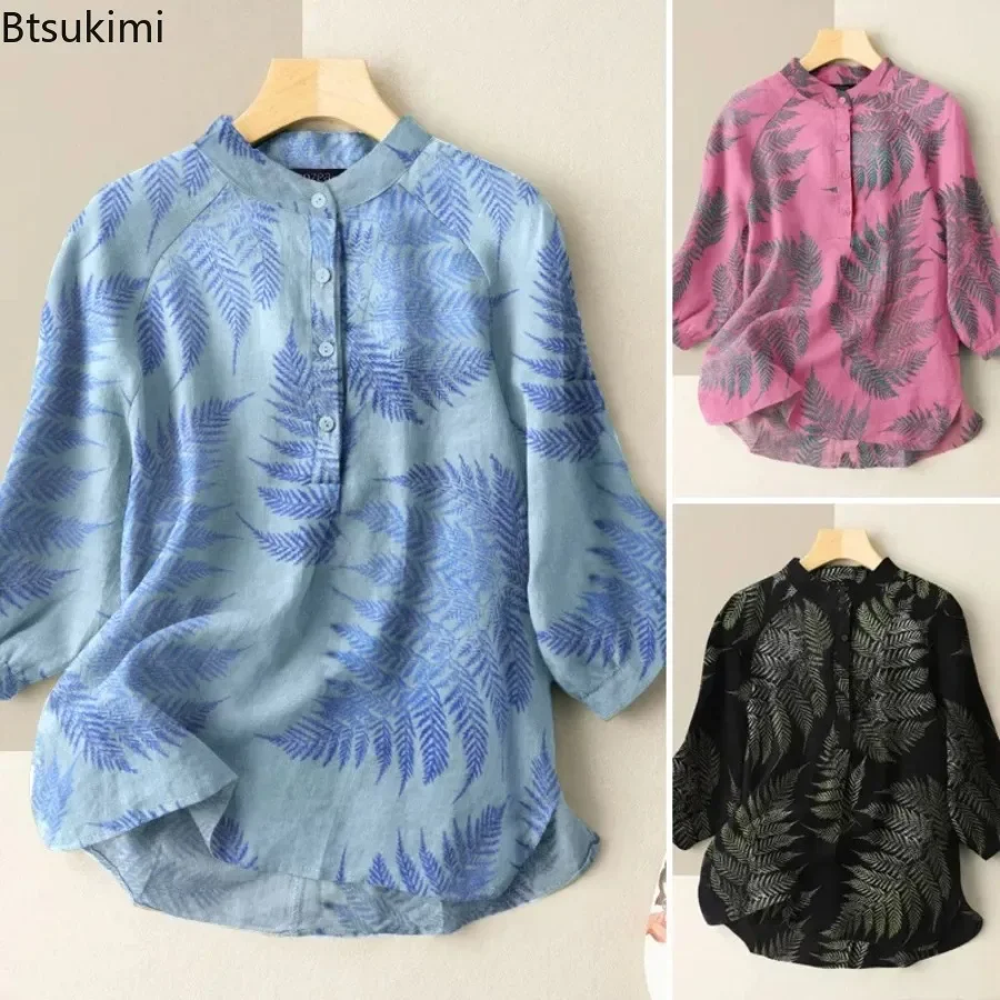 New 2025 Women's Cotton Linen Blouse Vintage Leaf Print Half Button O-neck Pullover Tops Elegant Ladies Loose Casual Tunic Shirt