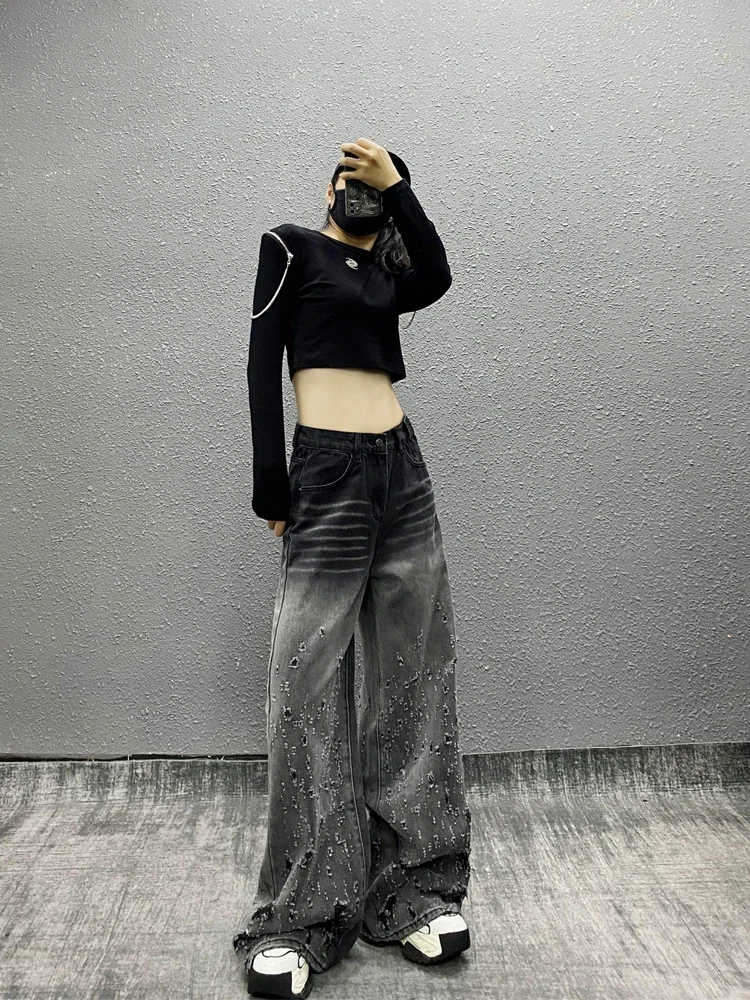 Female Gradient Color Hole Jeans Women's 2024 Autumn New High Waist Denim Trousers Loose Versatile Straight Wide Leg Denim Pants