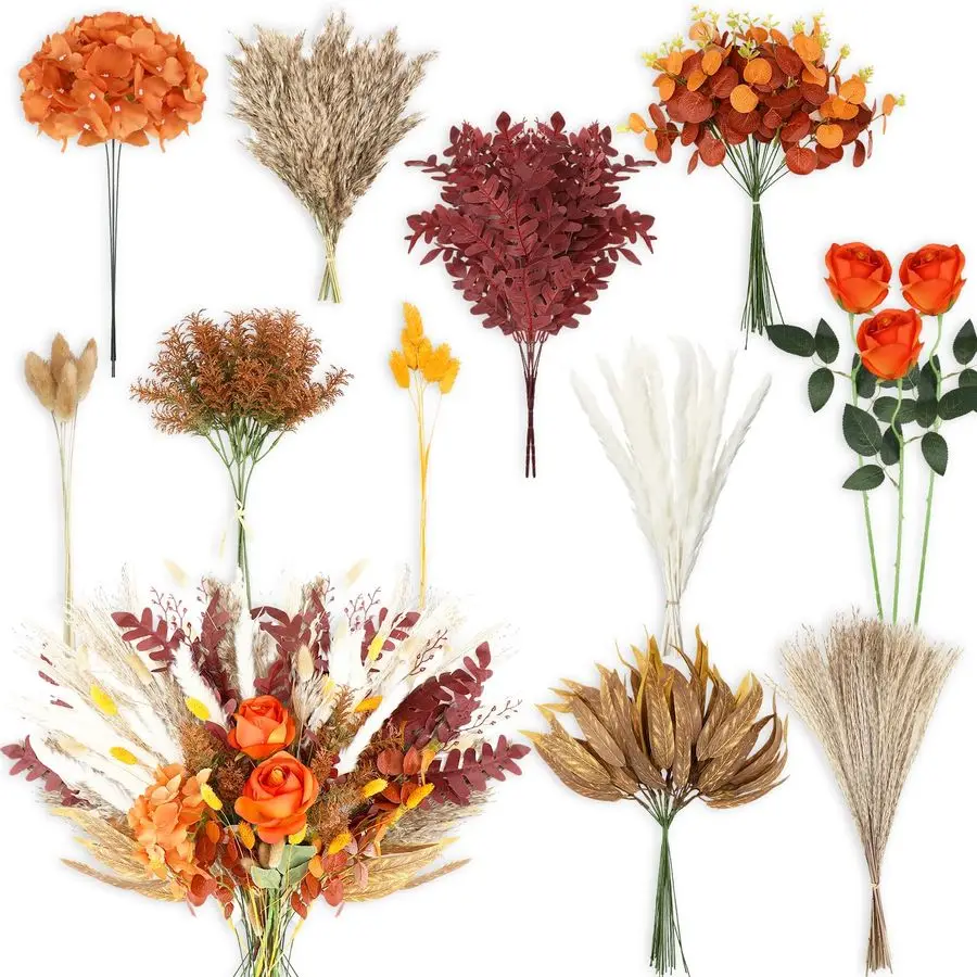 

Набор из 125 искусственных зеленых веток для осеннего декора с 11 видами искусственной пампасной травы и цветов, имитация листьев оптом для DIY-проектов
