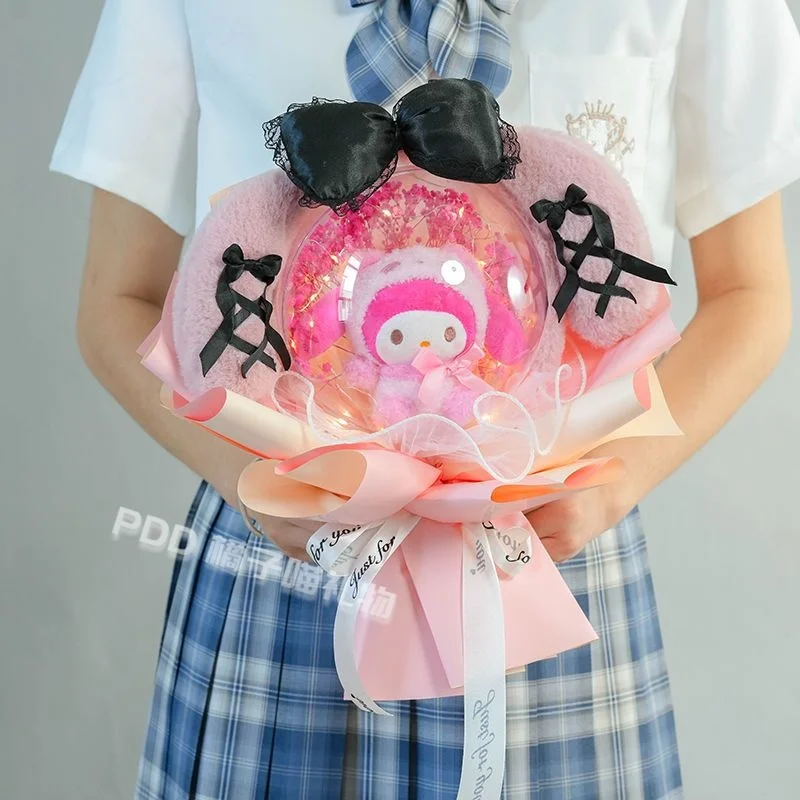 ไฟ Led การ์ตูน Sanrio Cinnamoroll HelloKitty Plush Bouquet Kuromi ตุ๊กตาตุ๊กตาช่อดอกไม้วันวาเลนไทน์ Kado Wisuda