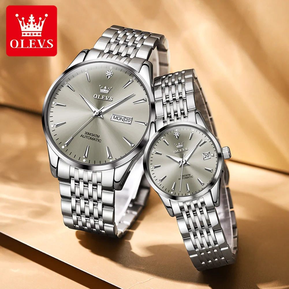 OLEVS 6635 Fashion Couple Watches Simple Casual Automatic Mechanical Watch for Lvoer Wateproof Luminous Date Week His and Her