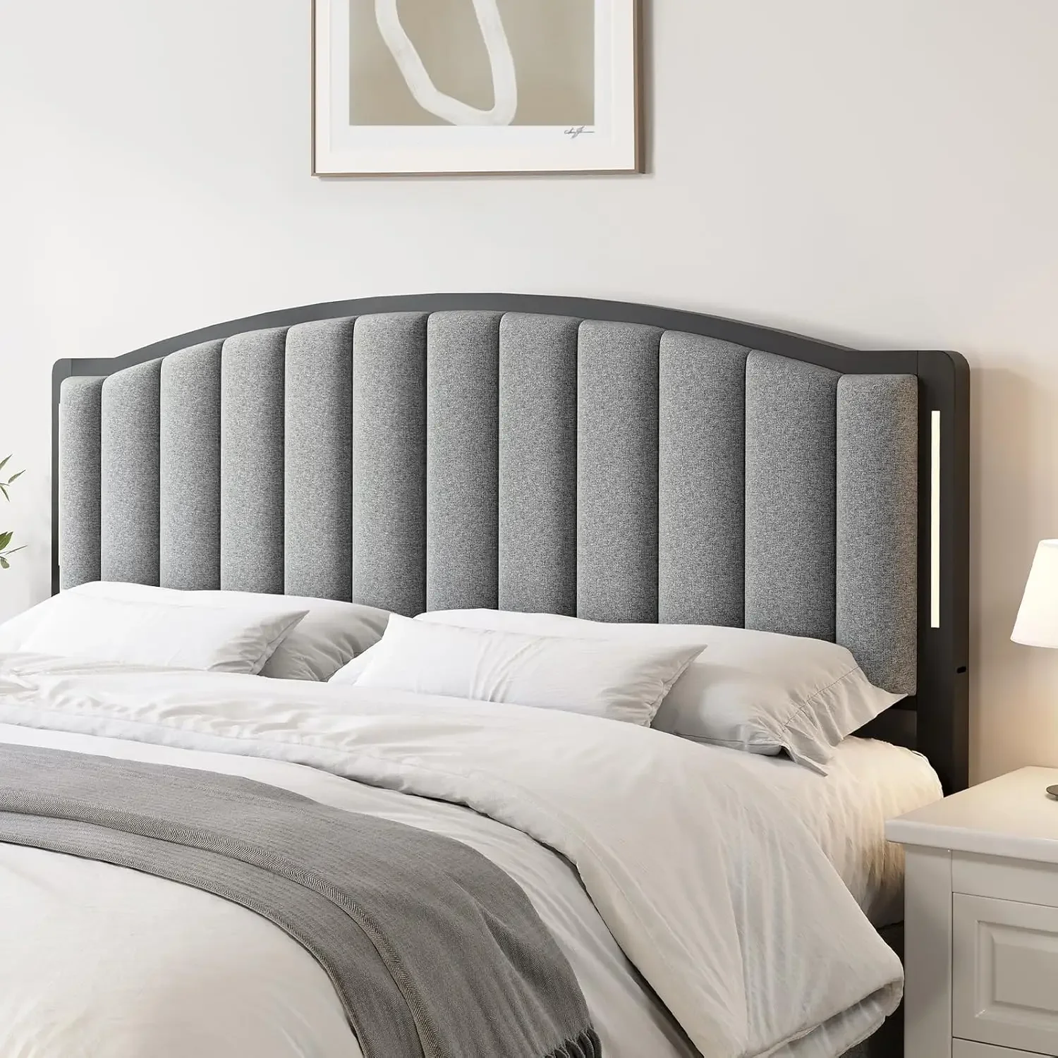 

Headboard for King Size Bed with LED Lights Upholstered Vertical Channel Tufting Head Boards Linen Fabric Bed Headboard Only