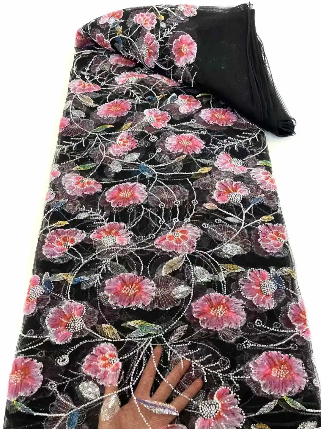 عالية الجودة ثلاثية الأبعاد نسيج الدانتيل الأفريقي 2025 الأبيض الفرنسية صافي الترتر النسيج الخياطة المطرزة تول النيجيري أقمشة الدانتيل 5 ياردة WS