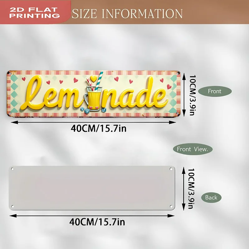 2D Flat, 1pc Vintage Lemonade Wall Sign with Straw & Ice Cubes - Retro UV Printed Suitable for Home, Cafe, Bar Decor