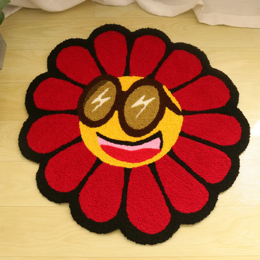 INS Sunflower Carpet Cartoon Smile Flower Plush Rug Bedroom Bedside Pad Bedroom Living Room Aesthetic Decor Floor Mat Dropship