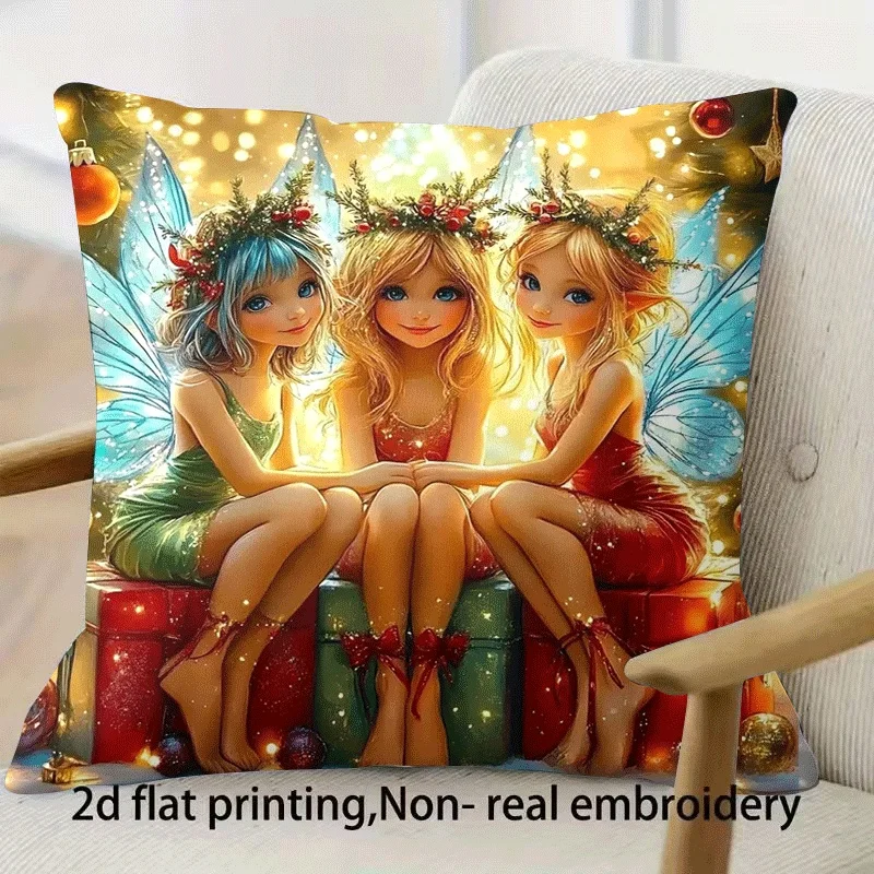 3 Fairies Pillow Case, Cute Christmas Elf Cushion Cover, Fantasy Fairy Art, Holiday Gift Box Decor, Magical Xmas Home Textile