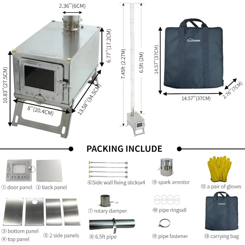 2026 [New] Outdoor Stainless Steel Stove, Lightweight Backpack Camping Tent Stove, Multi-function Plug-in Wood Stove