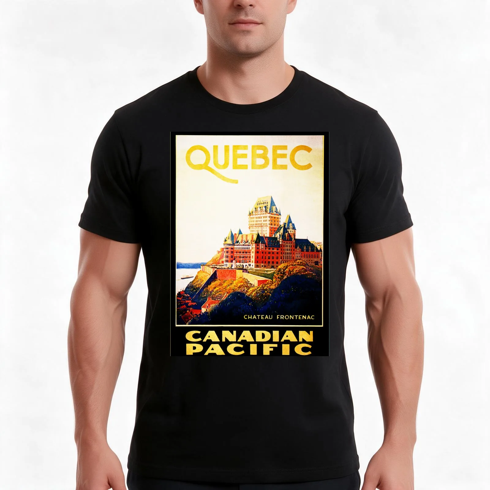 QUEBEC LE CHATEAU FRONTENAC HOTEL Canada Vintage Tourism Poster T-Shirt, Summer Casual Cotton Tee, Oversized Streetwear Tops