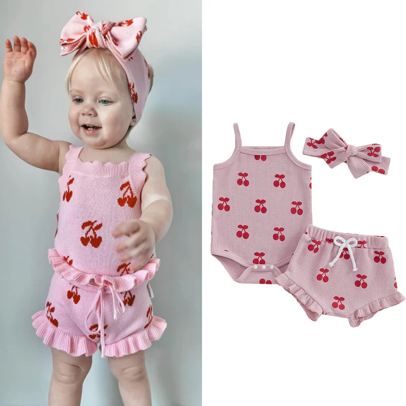 FOCUSNORM 0-18M Lovely Baby Girls Summer Clothes Sets Sleeveless Cherry Print Romper Drawstring Shorts Headband Sets