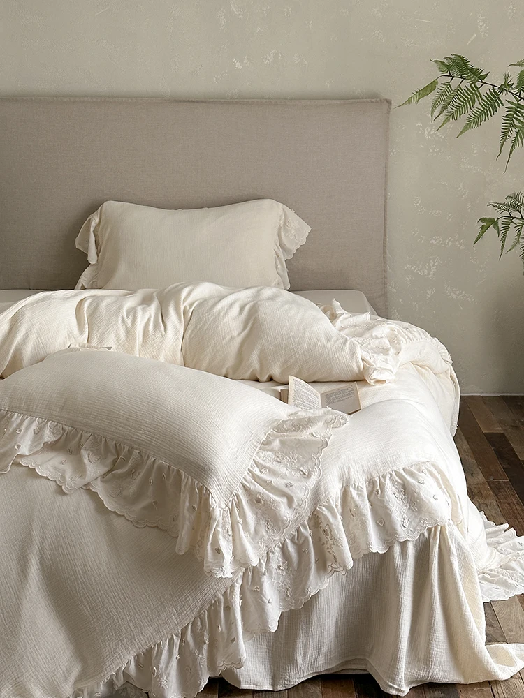  Retro Style Pure Cotton Double Layered Lace Embroidery Four Piece Bedding Set Princess Style Warmth Retention All C...