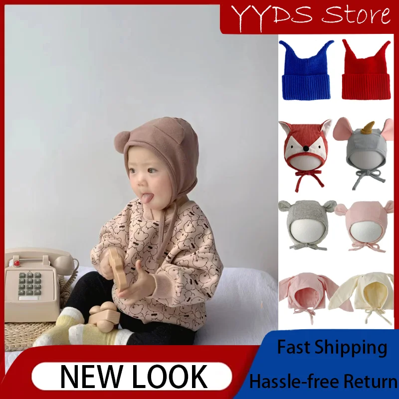 

Baby Hat Cute Rabbit Ear Lacetic Cap Spring and Autumn Cotton Bear Elephant Pullover Cap Animal Beanie Tentacle Ear Cap