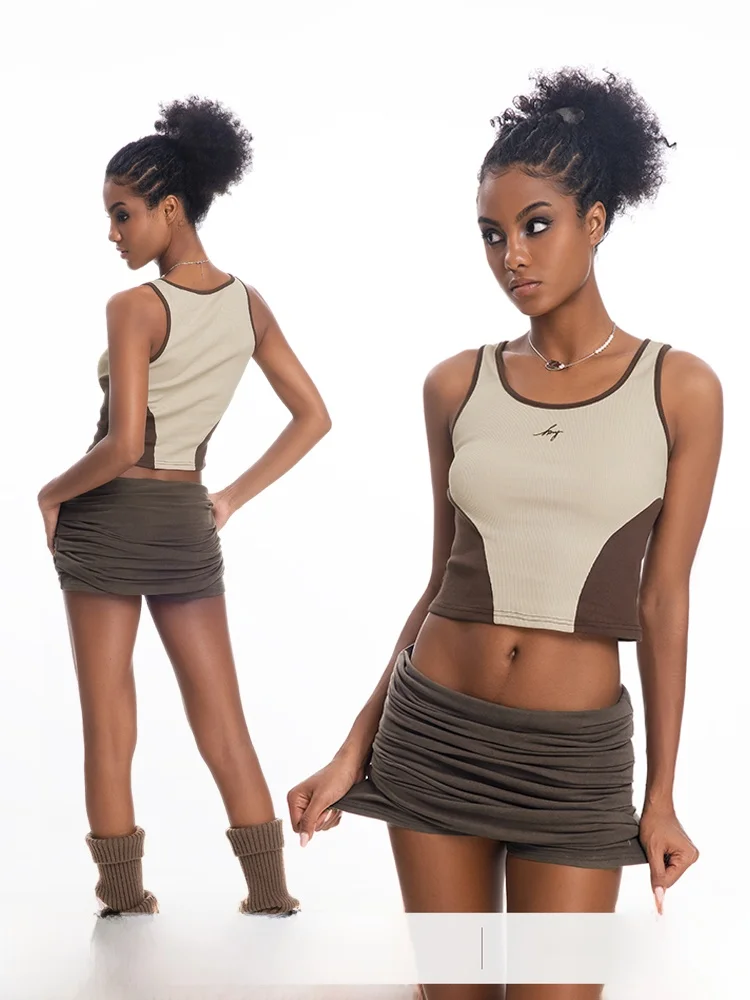 

ABMY Sweet Heart American Style Spicy Girl Work Shirt Thin Outerwear Sleeveless Top Women Color Block Strap Vest Tank Top