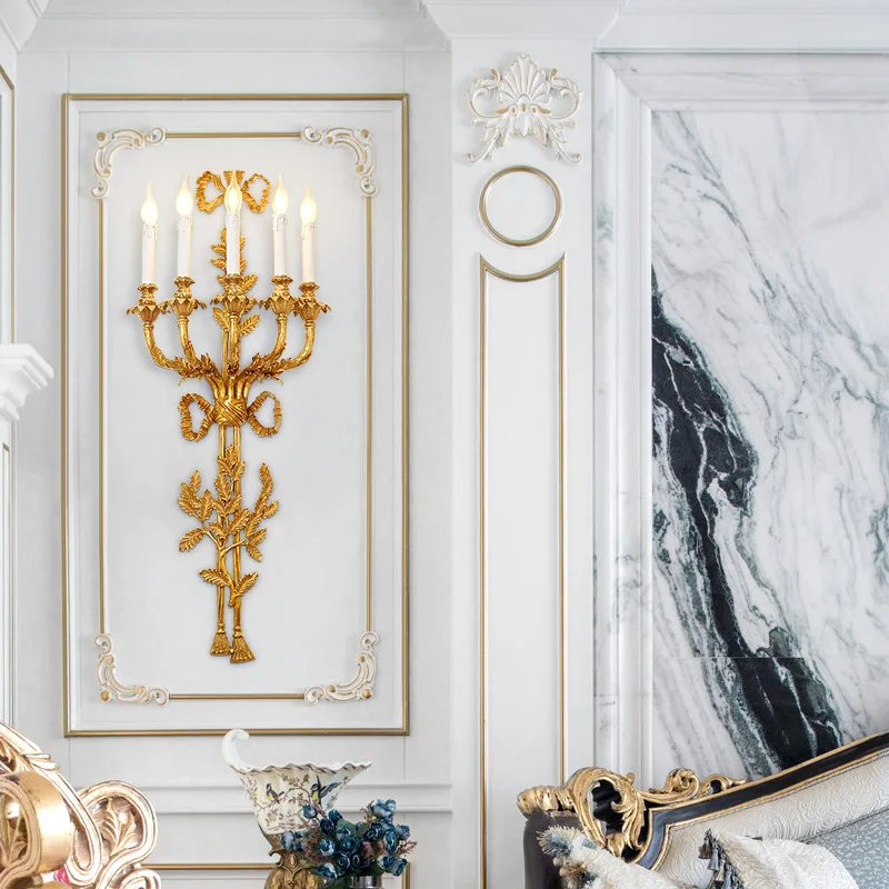 French Hotel Villa Retro Candle Shape Design Large Copper Wall Lights Castle Villa Living Room Antique Brass Wall Sconce Lamp