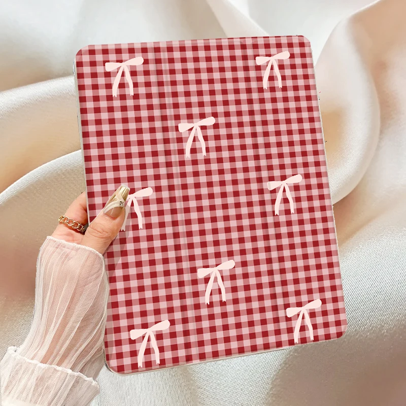 ins Retro Red checkered bow TABLET CASE FOR iPad pro 10/11-Inch 2020/6th/7th /8th /Air 3rd/Air 4th/9th gen/Air 5th Gen 2022/Air