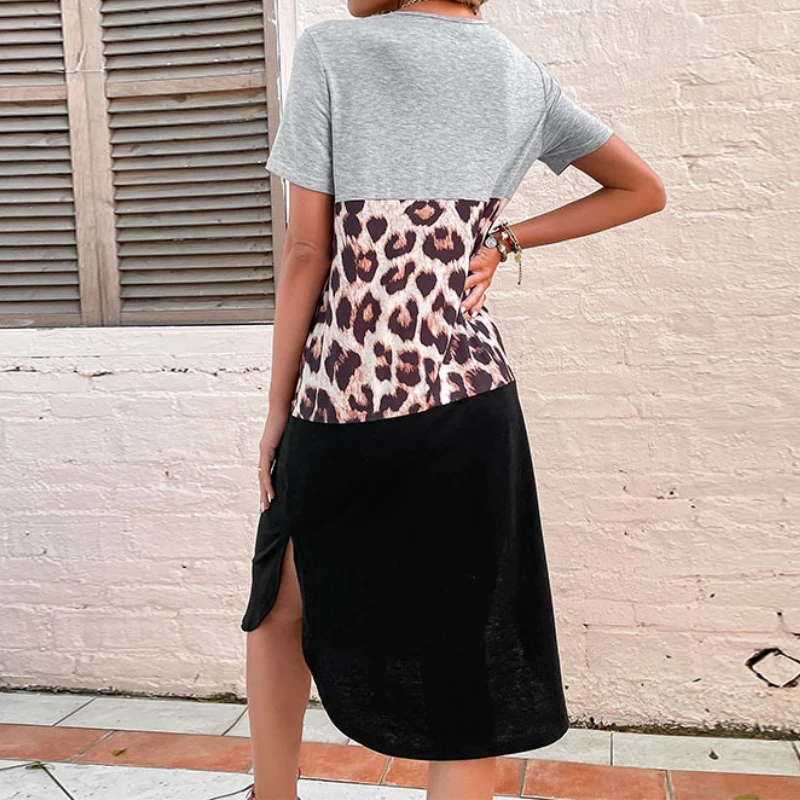 エレガントな通勤ドレス 2025 夏スリム半袖スプライシングヒョウスプリット Tシャツショート女性のスカート