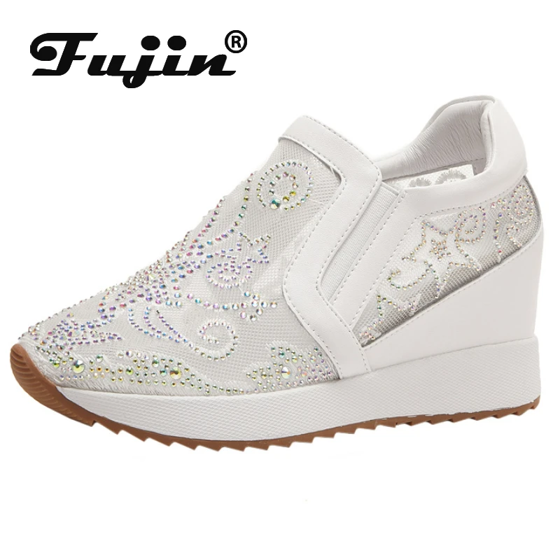 

Fujin 8cm Air Mesh Thick Heel Embroider Lace Platform Wedge Bling ZIP Breathable Rhinestone Summer Hollow Women Fashion Shoes