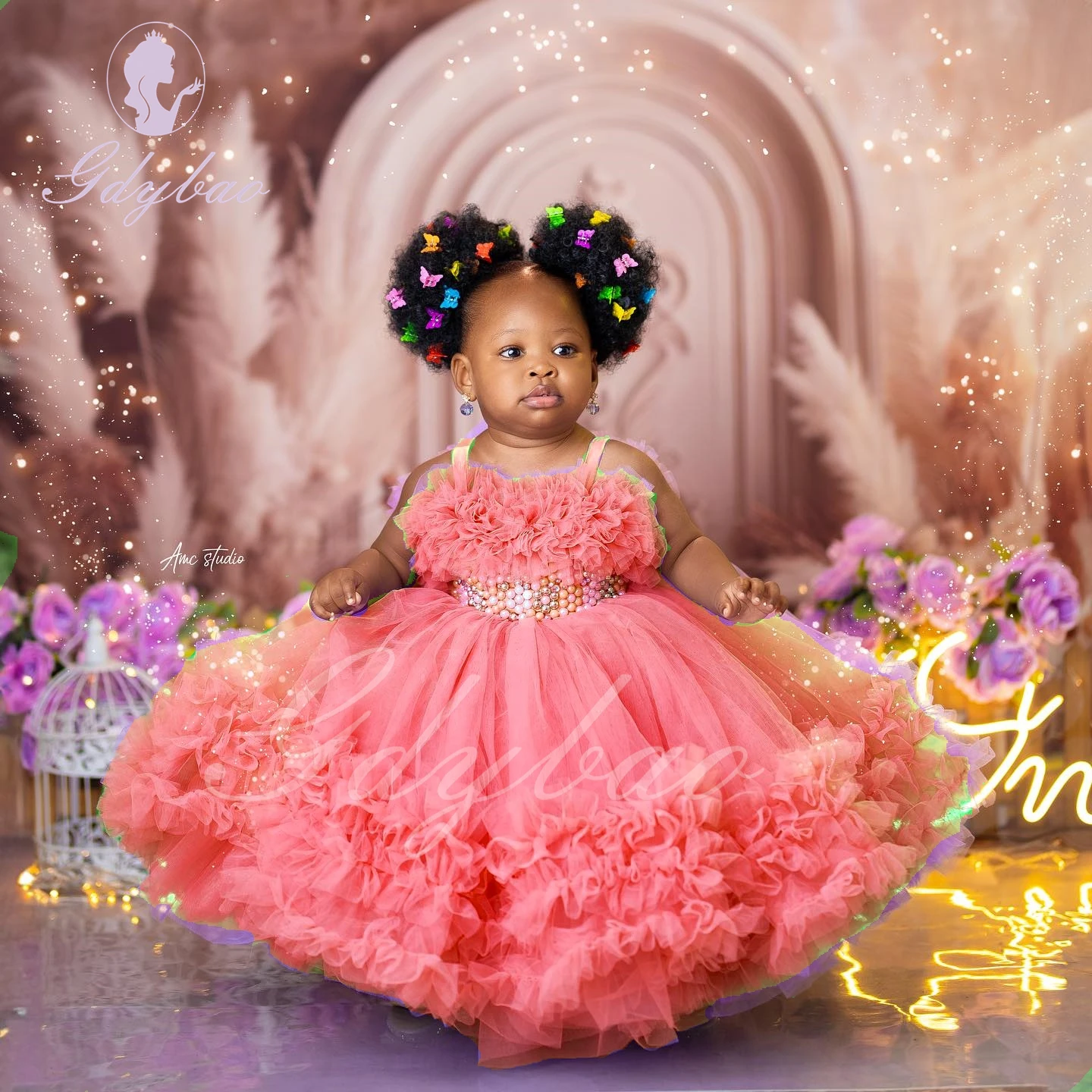 Vestido de niña de flores rosa y púrpura para boda, vestido de tul con cuentas, tirantes hinchados, Princesa, desfile, Cumpleaños de Niños, primera comunión