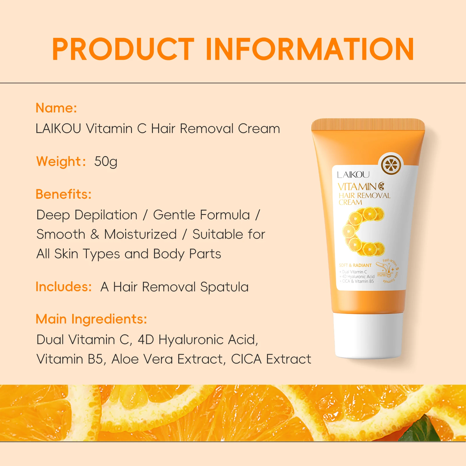 1 Pc Easy Cleaning LAIKOU VITAMIN C Hair Removal Cream, 50g Smoothed Hair Removal Gel Whitening Mild Hair Removal Form