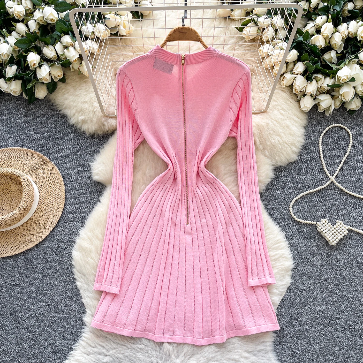 Chic vintage turn-down collar button Knit slim Elegant Fairy korean fashion Boho Sundress women clothing dress