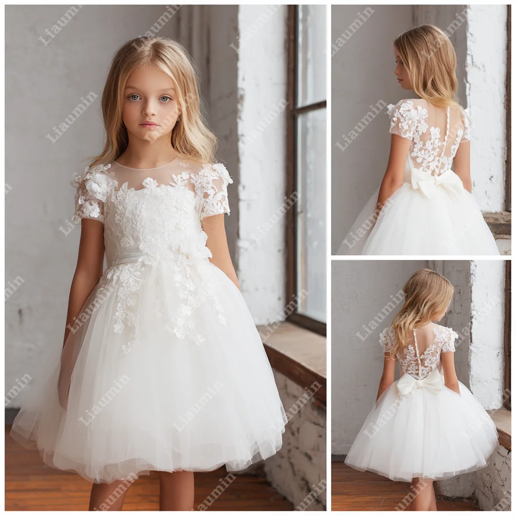 Bloemenmeisjes Jurken Kant Applique Knielengte Formele Prinses Eerste Communie Jurken Verjaardag Optocht Rok Aangepaste W1.1.40