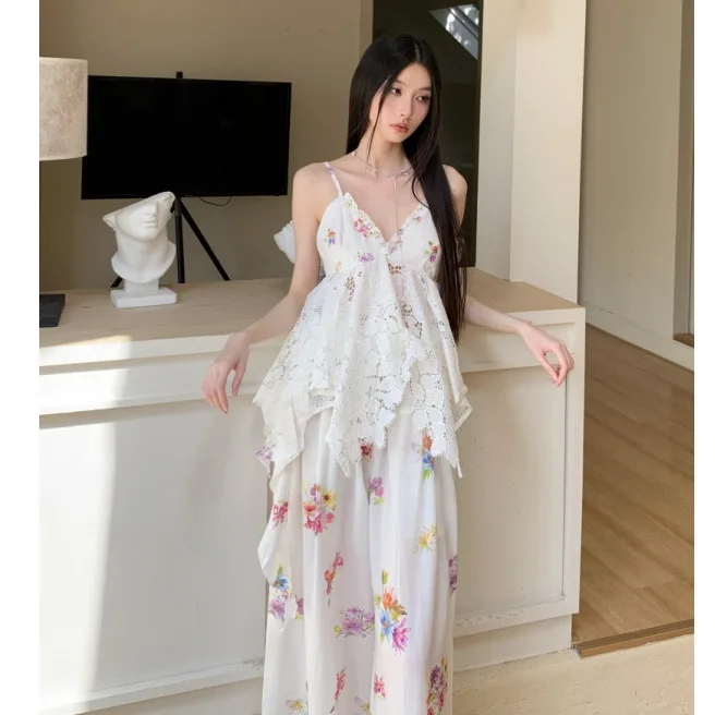 

Women's White Trouser Set Retro Floral Lace Patchwork Back Hollow-out Blouse Shirt High-waisted Printed Wide-leg Pants Two Piece