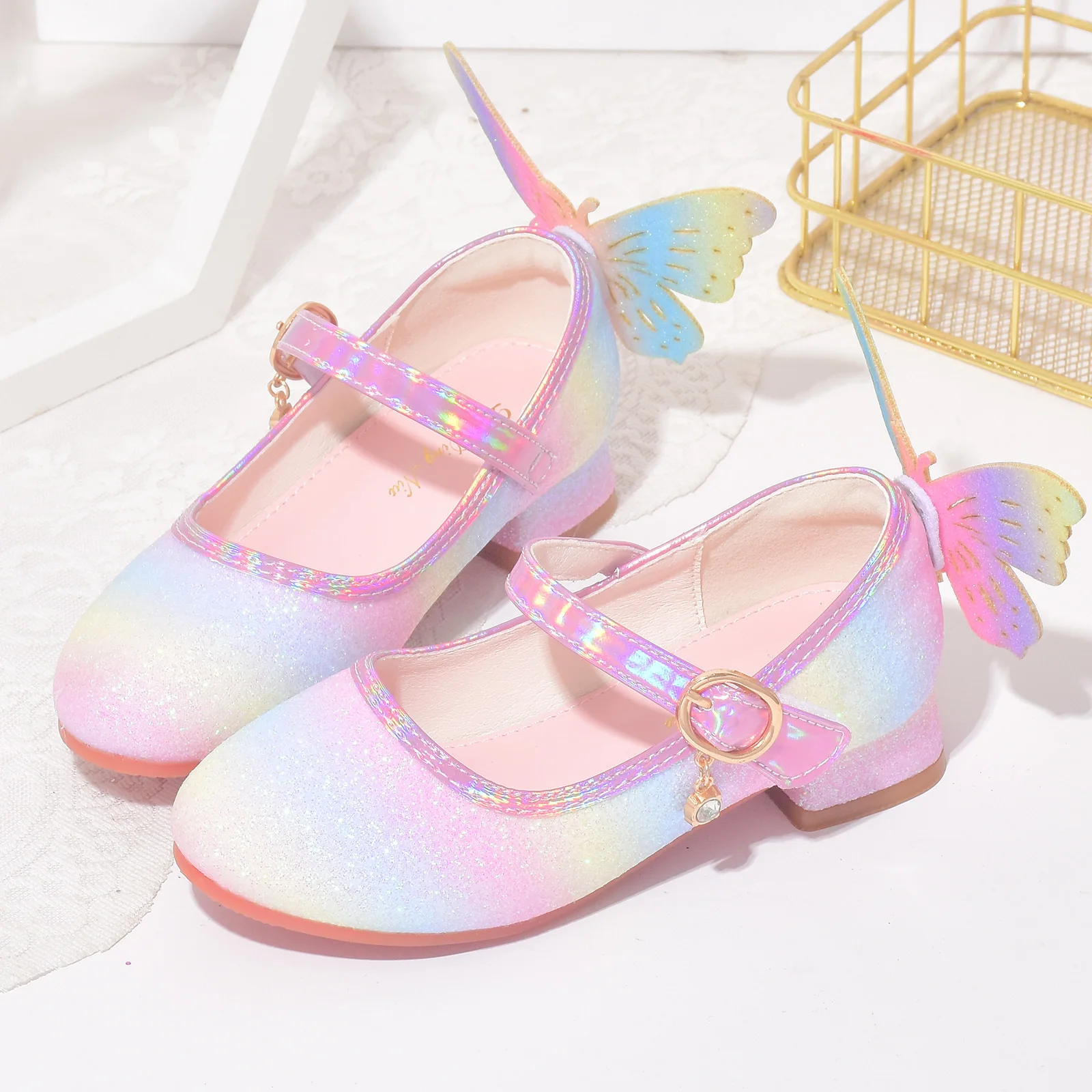 

Spring Autumn Rainbow Princess Shoes Fashion Glitter Children Girls Crystal High Heels Sequins Kids Bow Performance Dance Shoes