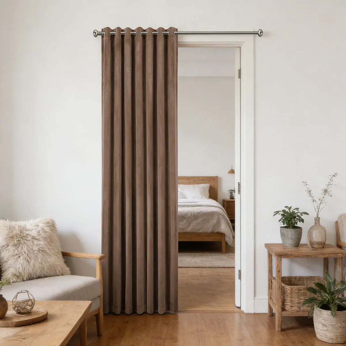Light Coffee Velvet High Shading Single Curtain, Thick Flannel Eyelet Window Drape for Log Nordic Minimalist Home Decor