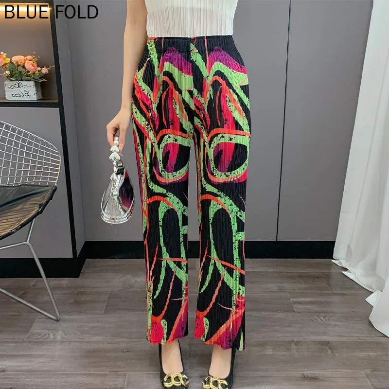 

Miyake Pleated Straight Pants 2025 Large Size Loose Pleated New Printed Elastic Waist Casual Pants Press Pleat Pants
