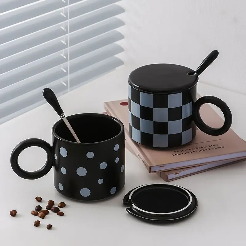 Black Series Ceramic Mug with Lid Spoon, Office Breakfast Milk Coffee Mugs, Minimalist Tea Cup, New Year Gift Couple Water Cups
