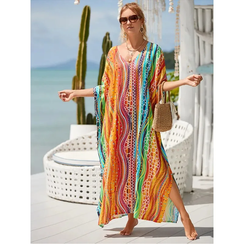 

2024 Moroccan Plus Size Kaftan Bohemian Printed Summer Dress Cozy Long Tunic Women House Robe Beachwear Swimsuit Cover Up Q897