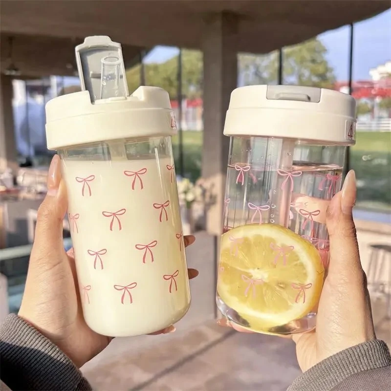 

New Simple Bow Plastic Water Bottle Summer High Appearance Level Water Cup Heat Resistance Straw Double Drinking Cup For School