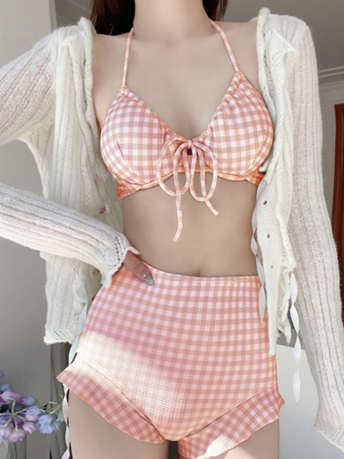 Korean Style Women Pink Checkered Plaid Swimwear 2 Piece Check Japanese Bathing Suit Ruffle Frill String Monokini Swimsuit