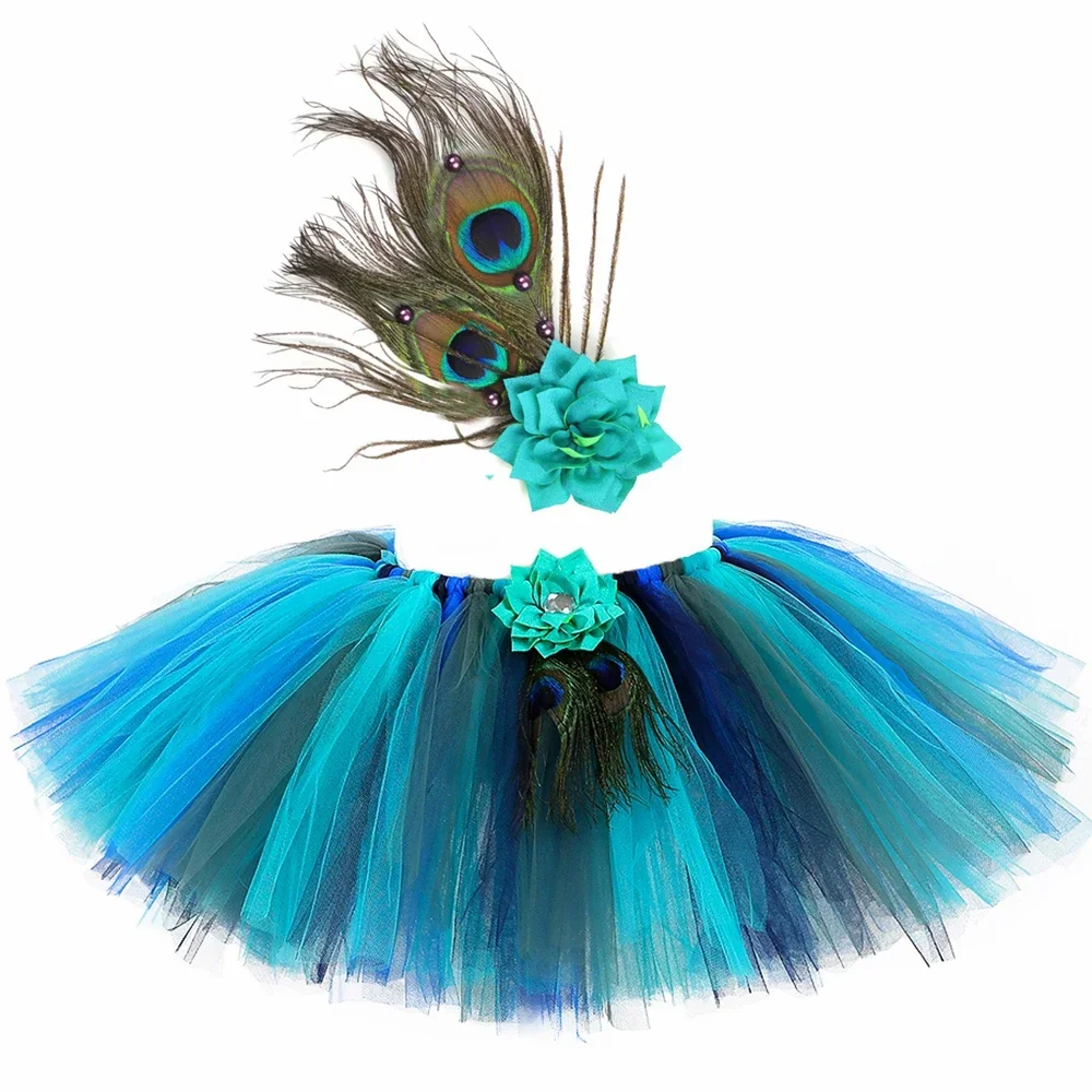 Girls Peacock Feather Tutu Skirt Fluffy Kids Mini Tulle Skirt Toddler Baby Girl Halloween Party Flowers Peacock Tutu Costumes