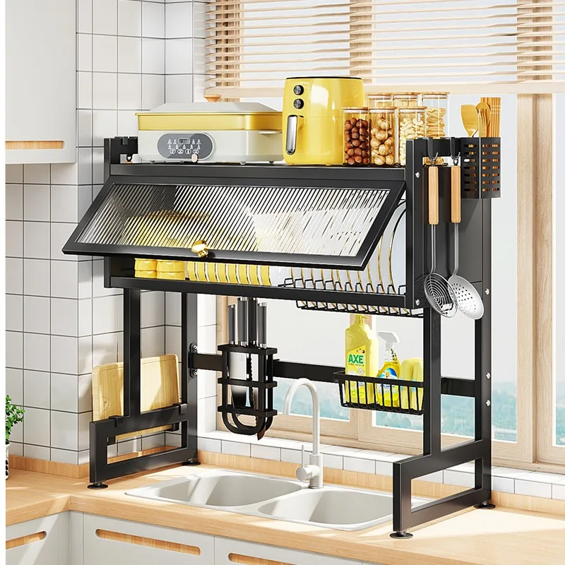 

Kitchen sink, shelf above countertop with cabinet door, dustproof, dishes, multi-functional sink, drain and wash dishes