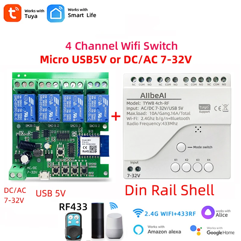 Tuya Smart Life 4CH Wifi Smart Home Motor Controller,DC 12V 24V 32V 220V RF433 Remote,4 Channel Relay Switch for Alice Alexa