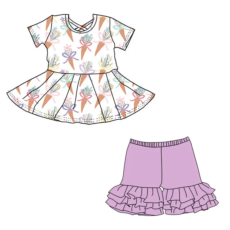 Girls Summer Clothing Easter Collection Bunny Easter Egg and Carrot Print Top and Ruffled Shorts Set