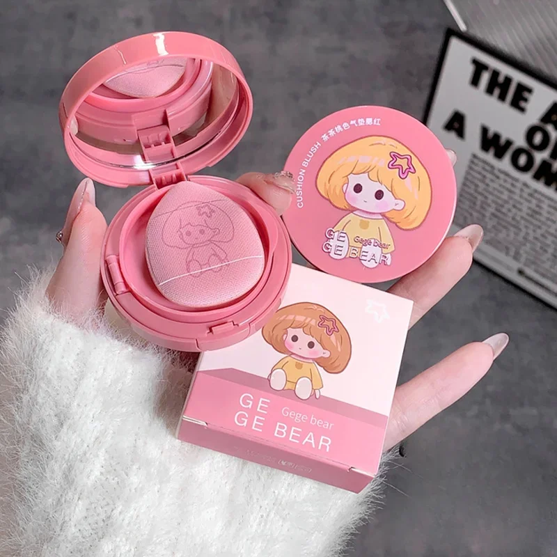 Gege Beer Luchtkussen Blush Crème Face Blusher Matte Perzik Roze Wangtint Rouge Contour Mousse Blush Met Poff Make-Up Cosmetica