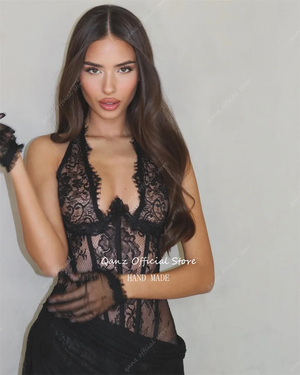 Qanz Sexy Black Lace Appliques Prom Dresses High Leg Slit Mermaid Evening Dress Halter Neck Robe De Soirée Femme Customized