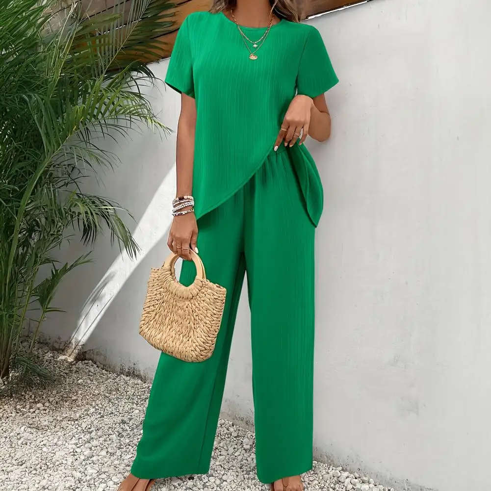 Summer Suit with Pants for Women Solid Color Round Neck Short Sleeve Tshirt and Trouser Casual and Elegant Two Piece Ladies Set