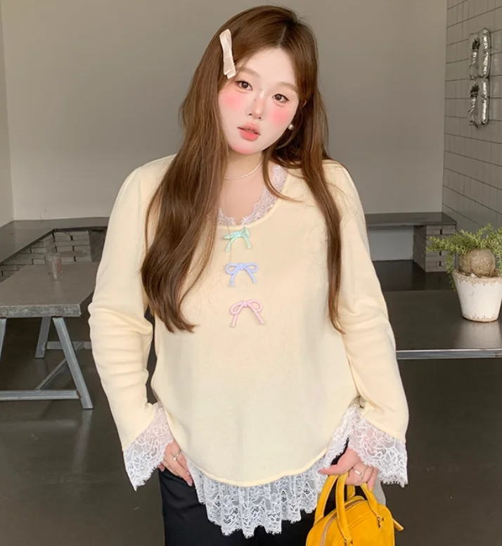 حجم كبير كم طويل الحلو الدانتيل الربط طاقم الرقبة محبوك سترة ربيع الخريف موضة تنوعا الحد من العمر سترة صفراء #5